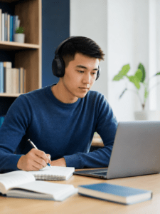 Студент слушает аудиозапись на тренировке IELTS Listening