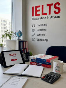 Студент готовится к экзамену IELTS в Атырау
