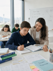 школьник занимается английским с преподавателем