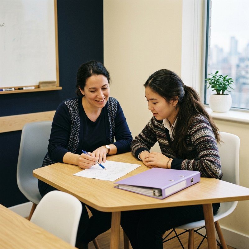преподаватель разбирает с ученицей ошибки пробного теста IELTS