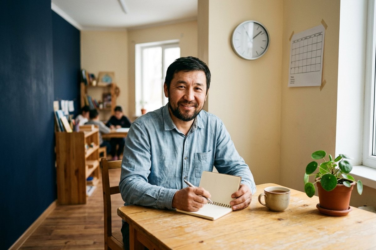 улыбающийся мужчина с блокнотом на фоне часов и календаря