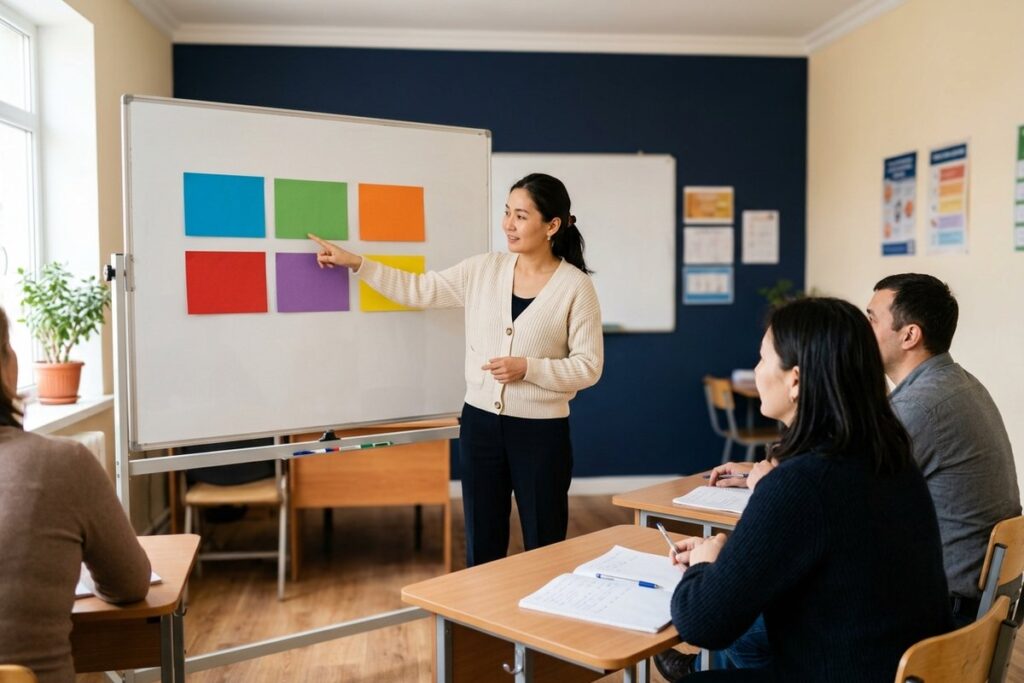 преподаватель объясняет падежи русского языка у доски с цветными карточками