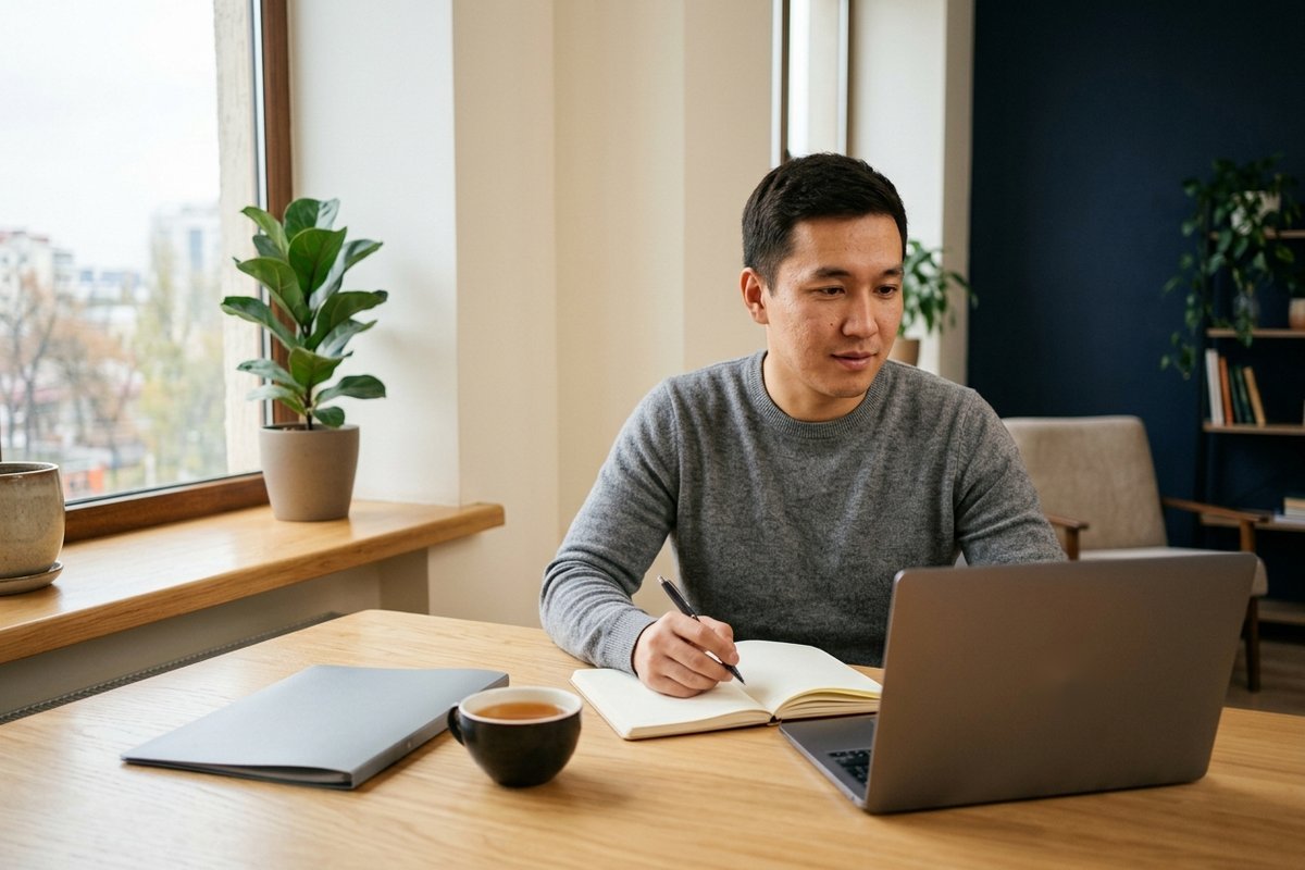 кандидат изучает результаты экзамена IELTS за ноутбуком